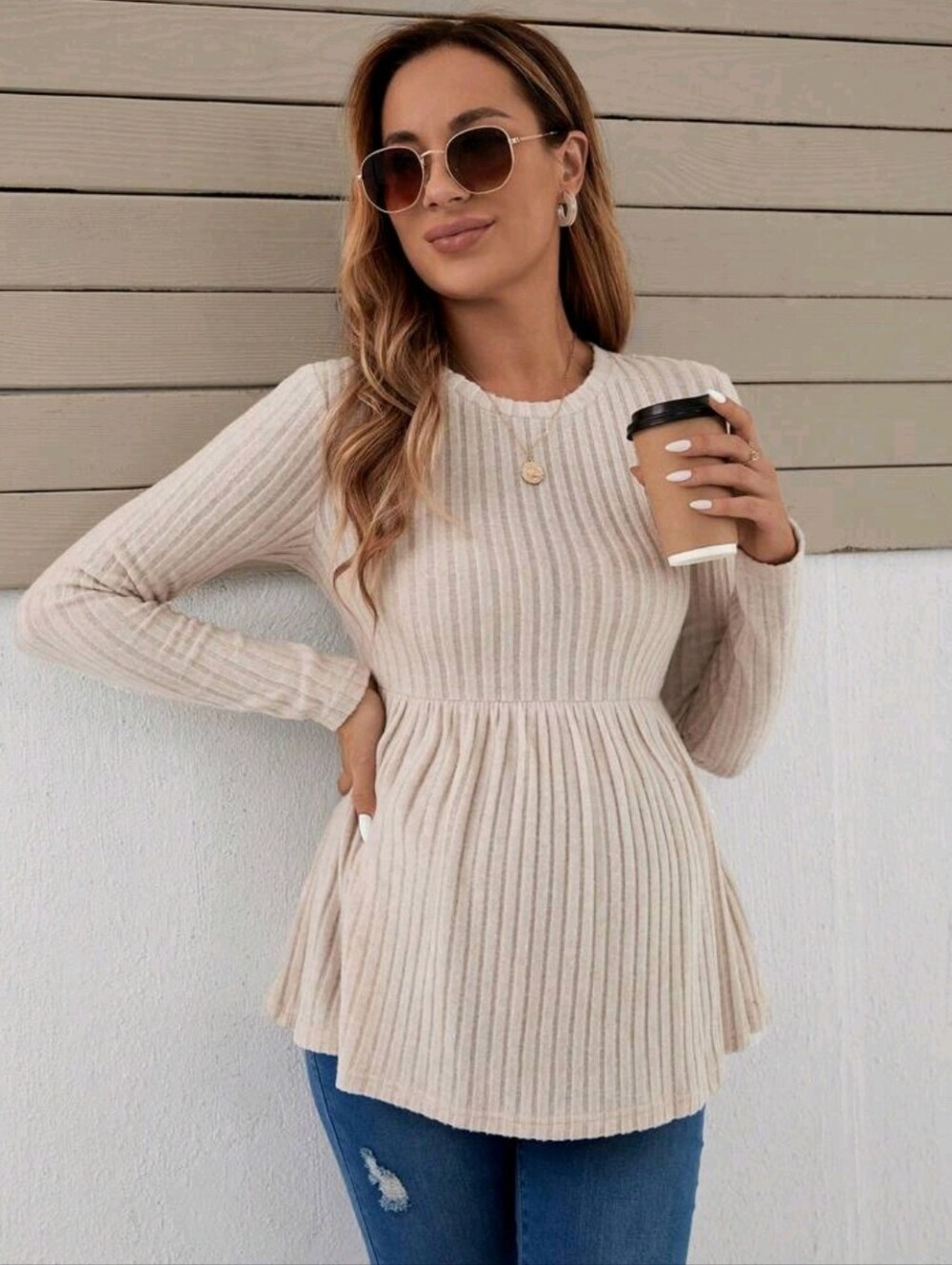 SHEIN Maternity Solid Peplum Tee With Long Sleeve